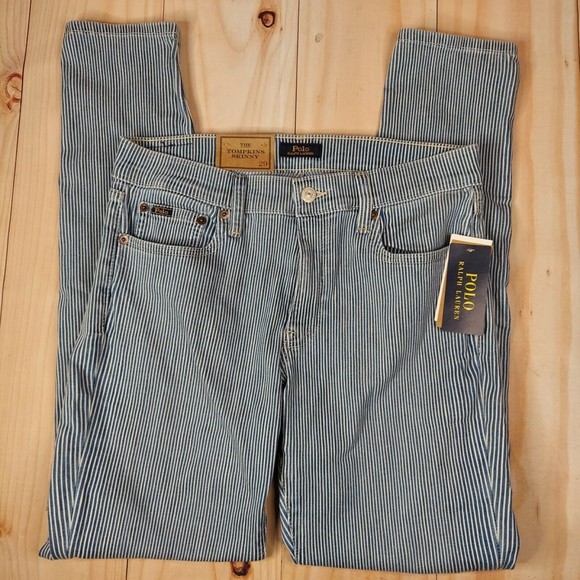 Polo Ralph Lauren Womens Blue White Stripe Flat Front The Tompkins Skinny Jeans - Picture 1 of 9